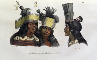 Rytualne nakrycia głowy noszone przez tubylców z Kalifornii, z „Voyage Pittoresque Autour du Monde”, opublikowanej w 1822 r.